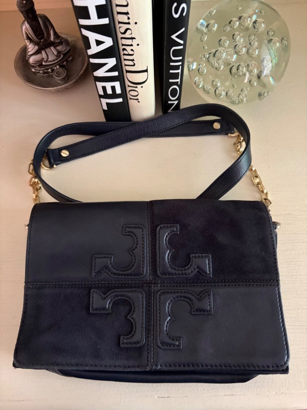 Tory Burch Natalie Black Leather & Suede Crossbody Shoulder Handbag